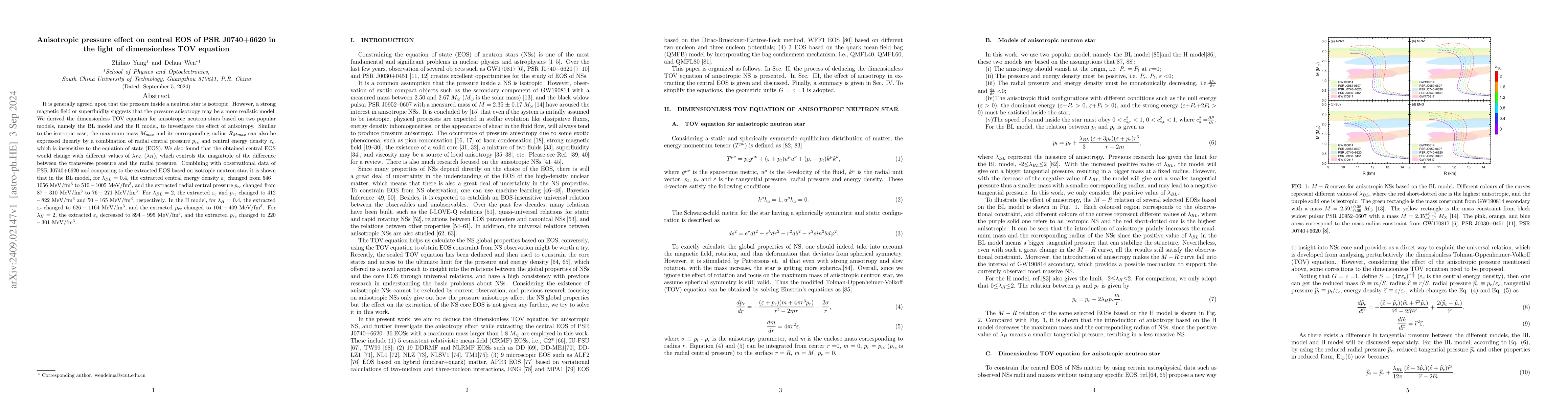 Thumbnail for Anisotropic pressure effect on central EOS of PSR J0740+6620 in the
  light of dimensionless TOV equation