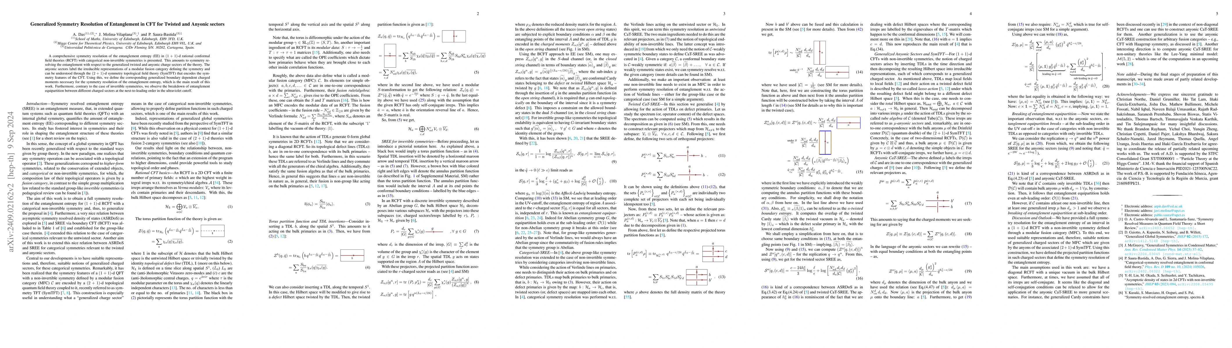 Thumbnail for Generalized Symmetry Resolution of Entanglement in CFT for Twisted and
  Anyonic sectors