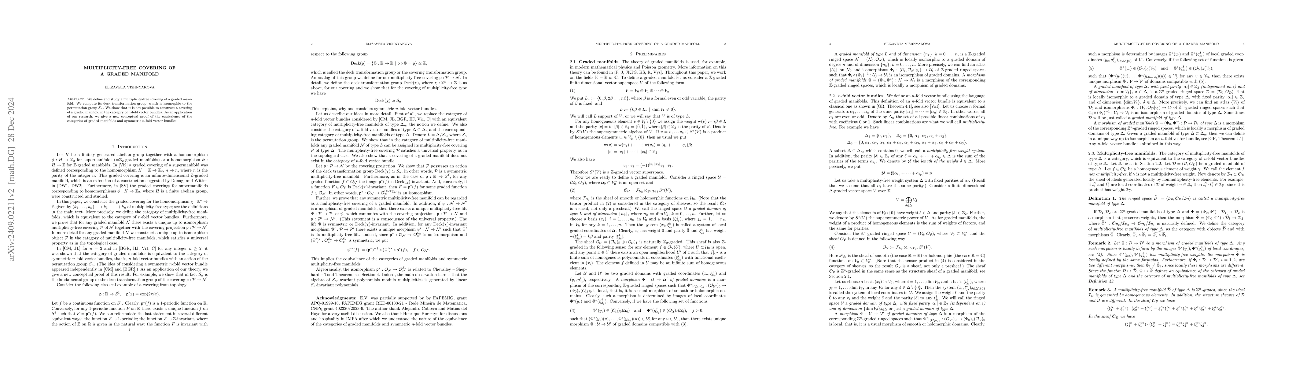 Thumbnail for Multiplicity free covering of a graded manifold