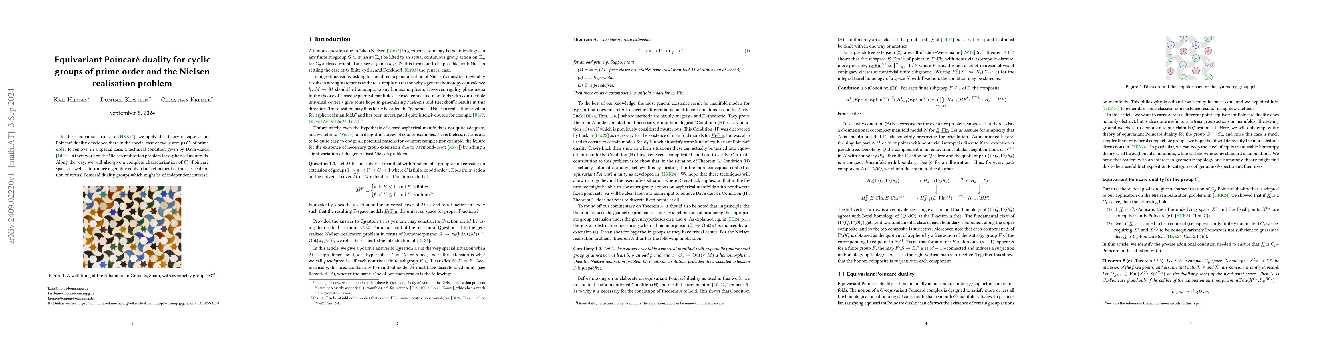 Thumbnail for Equivariant Poincaré duality for cyclic groups of prime order and the
  Nielsen realisation problem