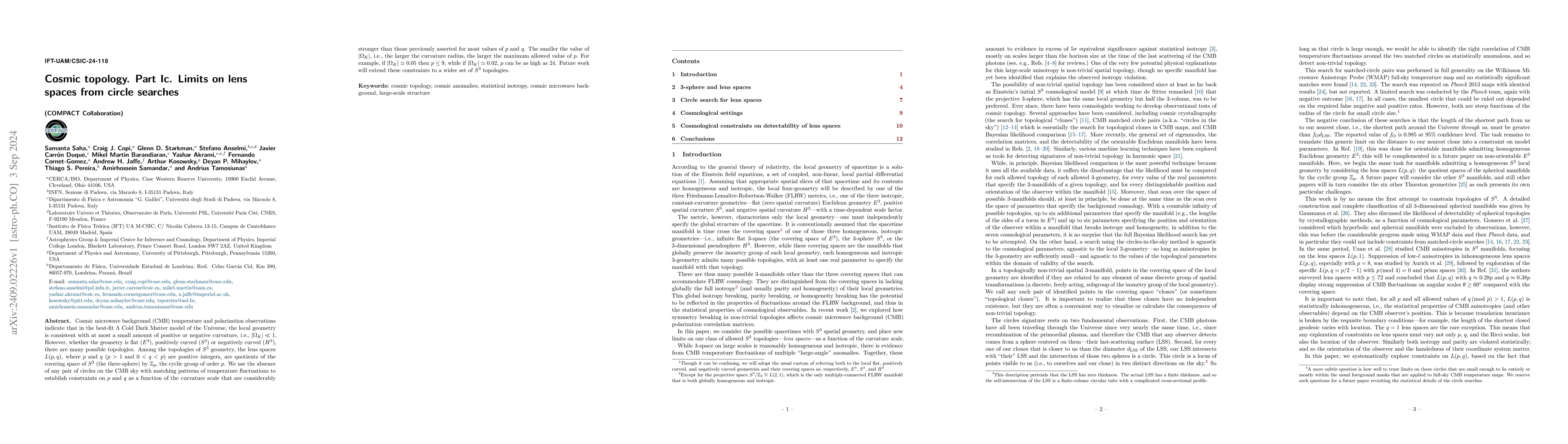 Thumbnail for Cosmic topology. Part Ic. Limits on lens spaces from circle searches
