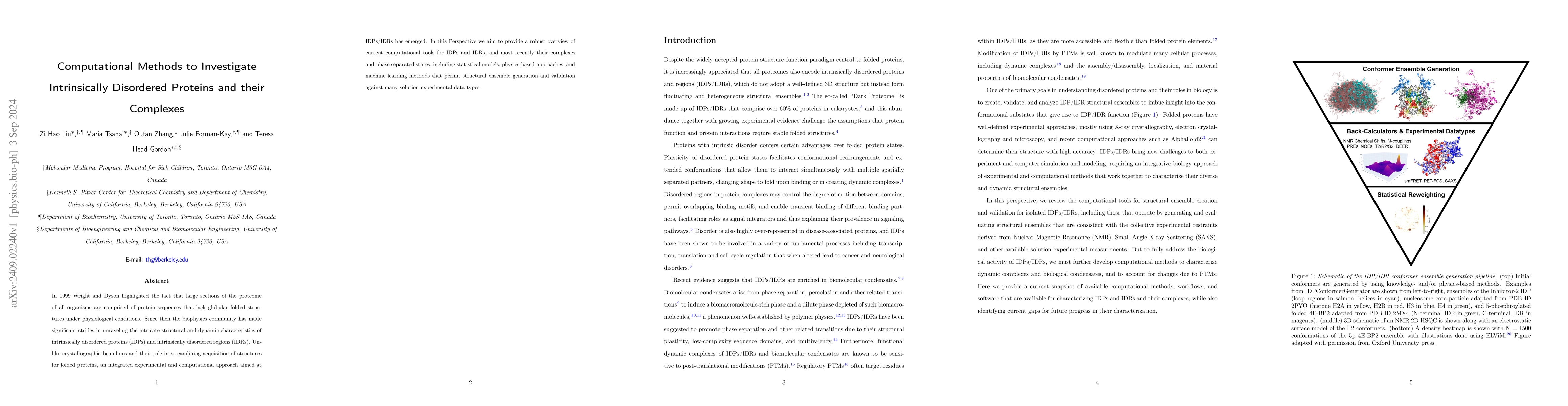 Thumbnail for Computational Methods to Investigate Intrinsically Disordered Proteins
  and their Complexes