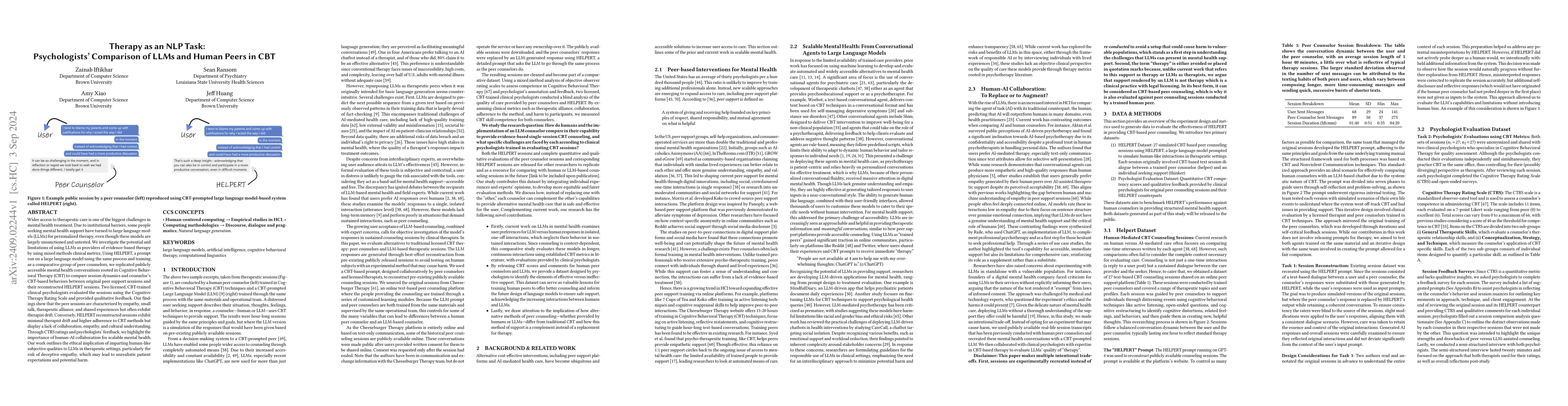 Thumbnail for Therapy as an NLP Task: Psychologists' Comparison of LLMs and Human
  Peers in CBT