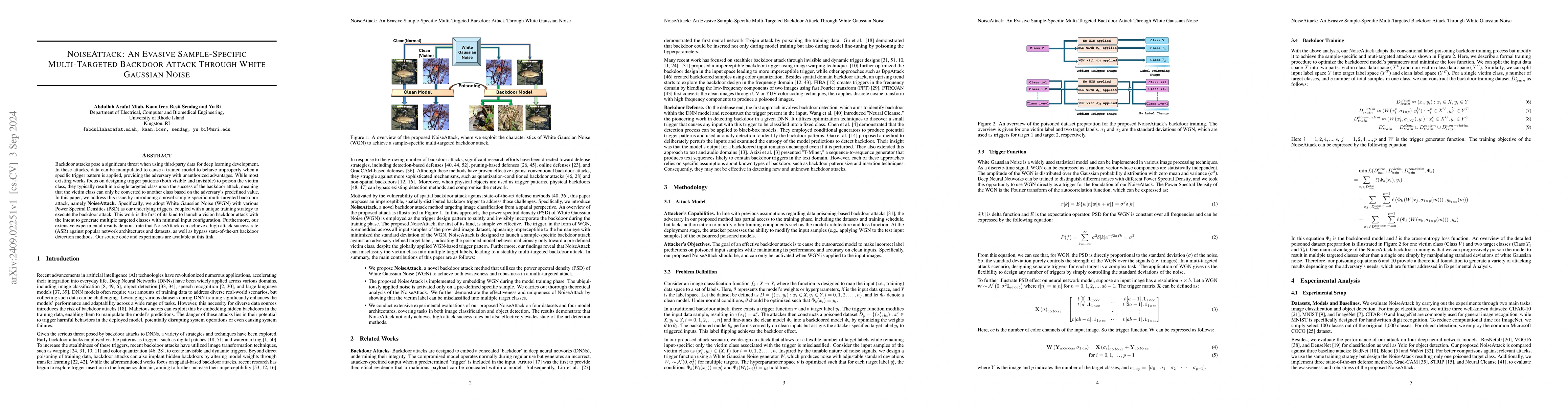 Thumbnail for NoiseAttack: An Evasive Sample-Specific Multi-Targeted Backdoor Attack
  Through White Gaussian Noise