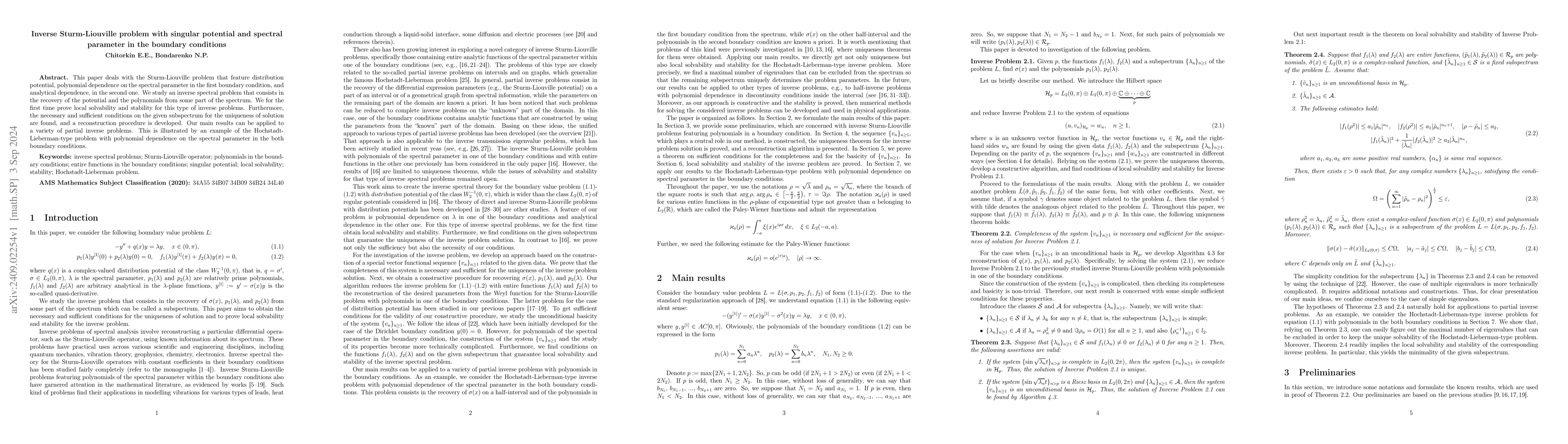 Thumbnail for Inverse Sturm-Liouville problem with singular potential and spectral
  parameter in the boundary conditions