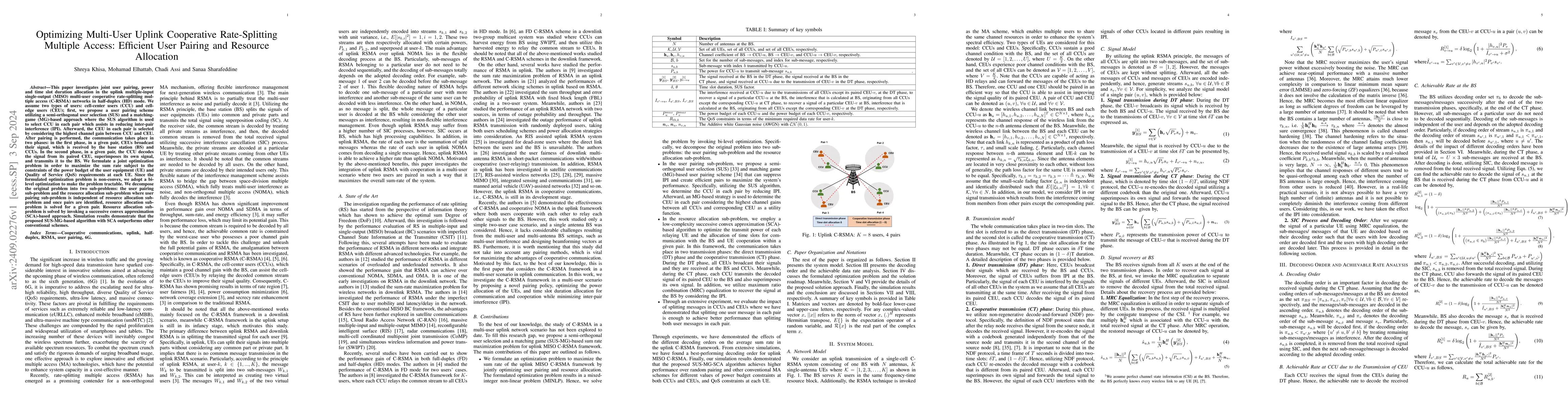 Thumbnail for Optimizing Multi-User Uplink Cooperative Rate-Splitting Multiple Access:
  Efficient User Pairing and Resource Allocation