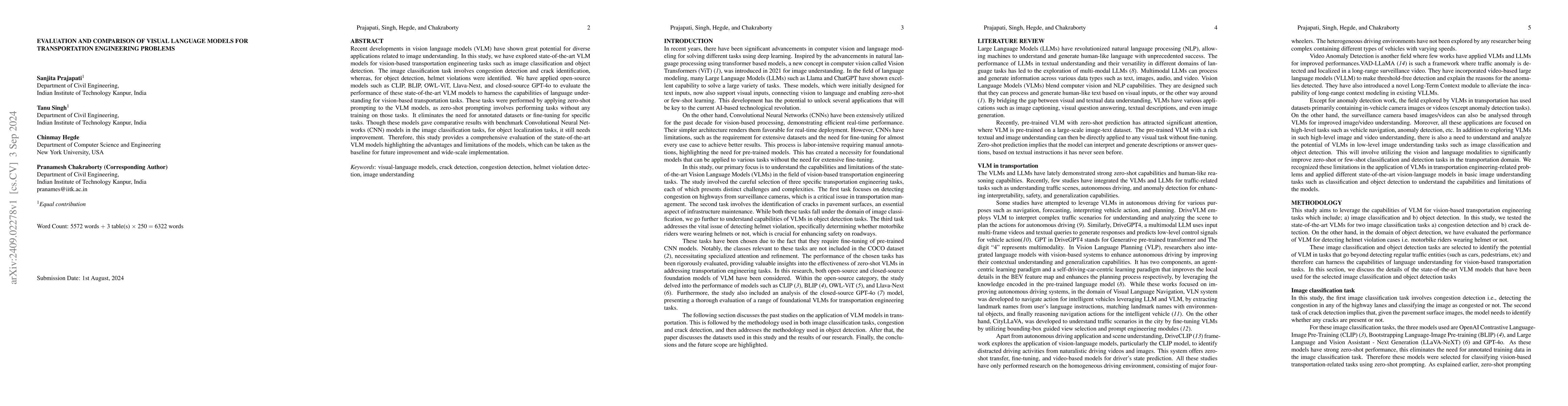 Thumbnail for Evaluation and Comparison of Visual Language Models for Transportation
  Engineering Problems