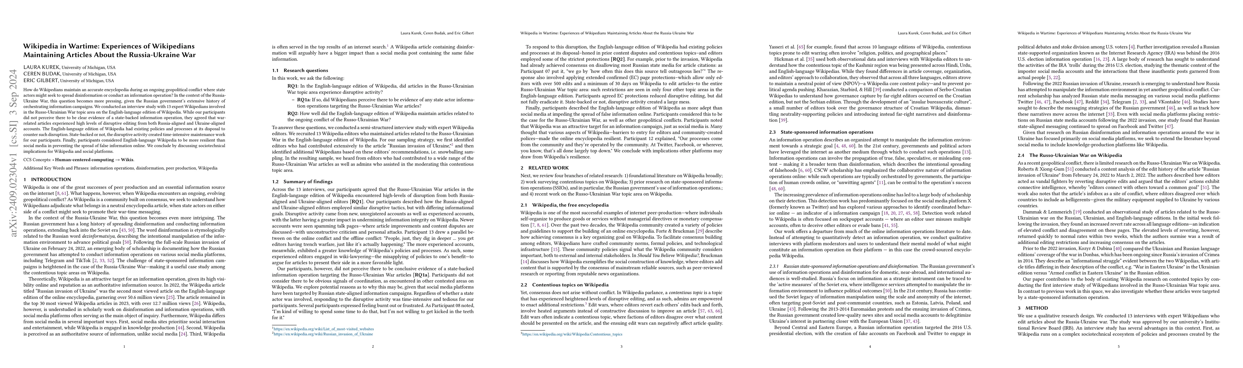 Thumbnail for Wikipedia in Wartime: Experiences of Wikipedians Maintaining Articles
  About the Russia-Ukraine War