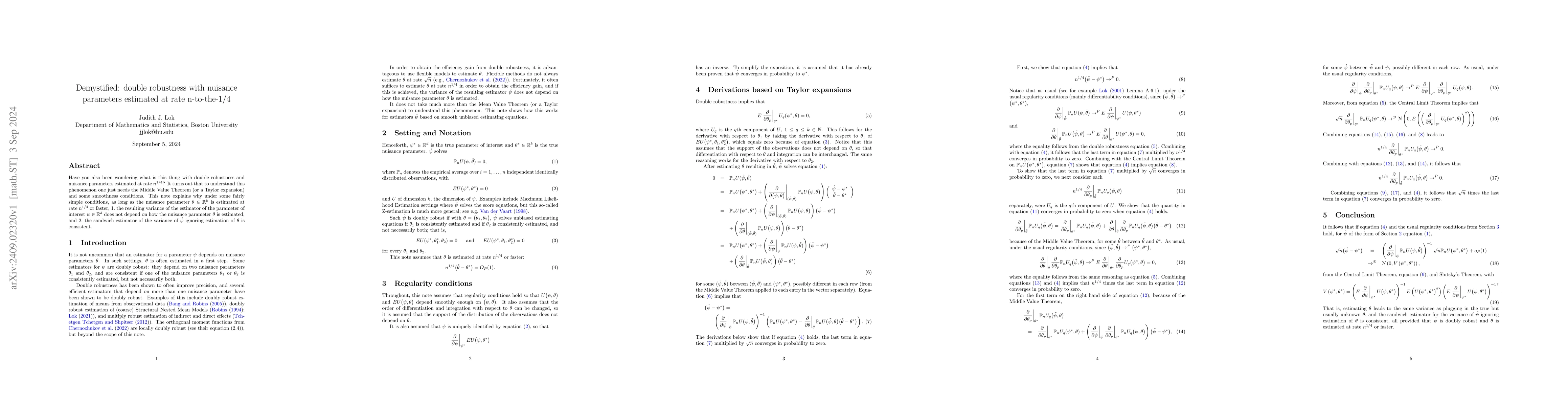 Thumbnail for Demystified: double robustness with nuisance parameters estimated at
  rate n-to-the-1/4