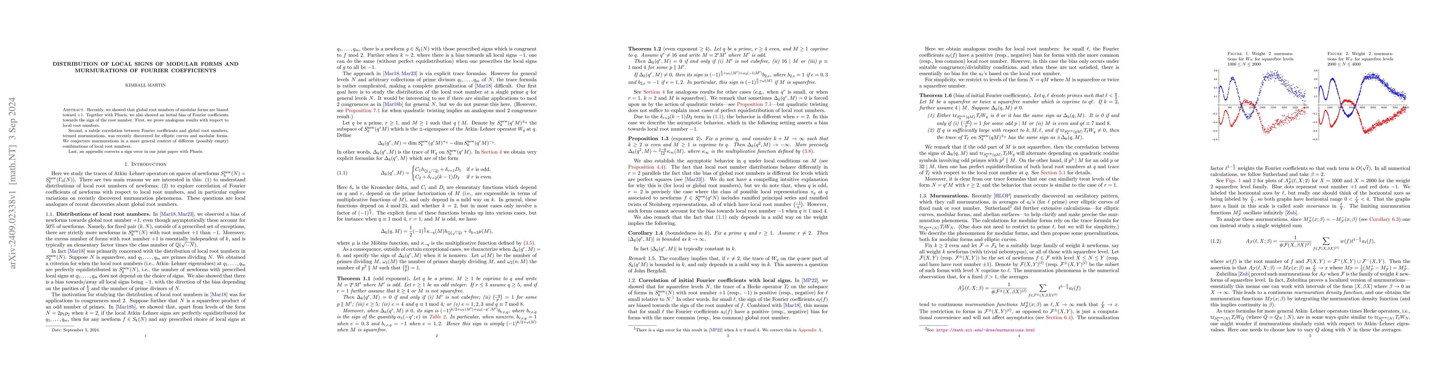 Thumbnail for Distribution of local signs of modular forms and murmurations of Fourier
  coefficients