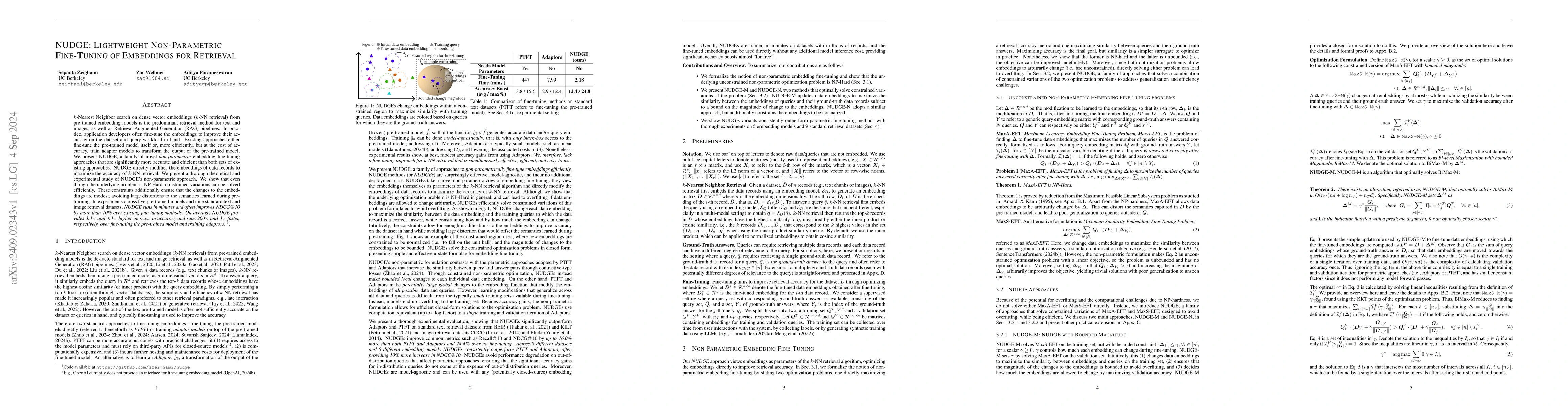 Thumbnail for NUDGE: Lightweight Non-Parametric Fine-Tuning of Embeddings for
  Retrieval