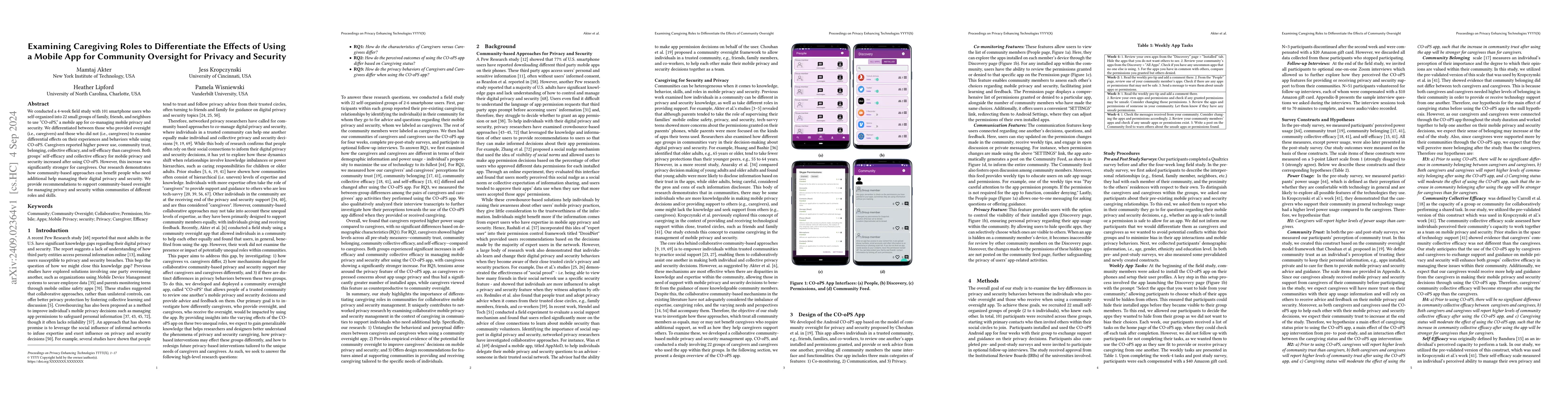 Thumbnail for Examining Caregiving Roles to Differentiate the Effects of Using a
  Mobile App for Community Oversight for Privacy and Security