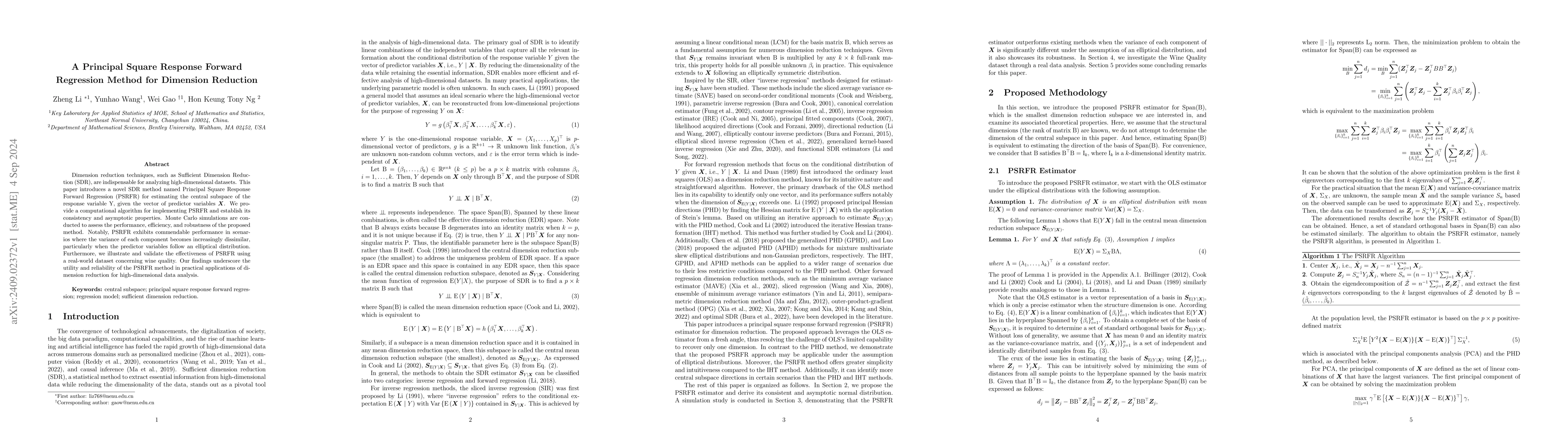 Thumbnail for A Principal Square Response Forward Regression Method for Dimension
  Reduction