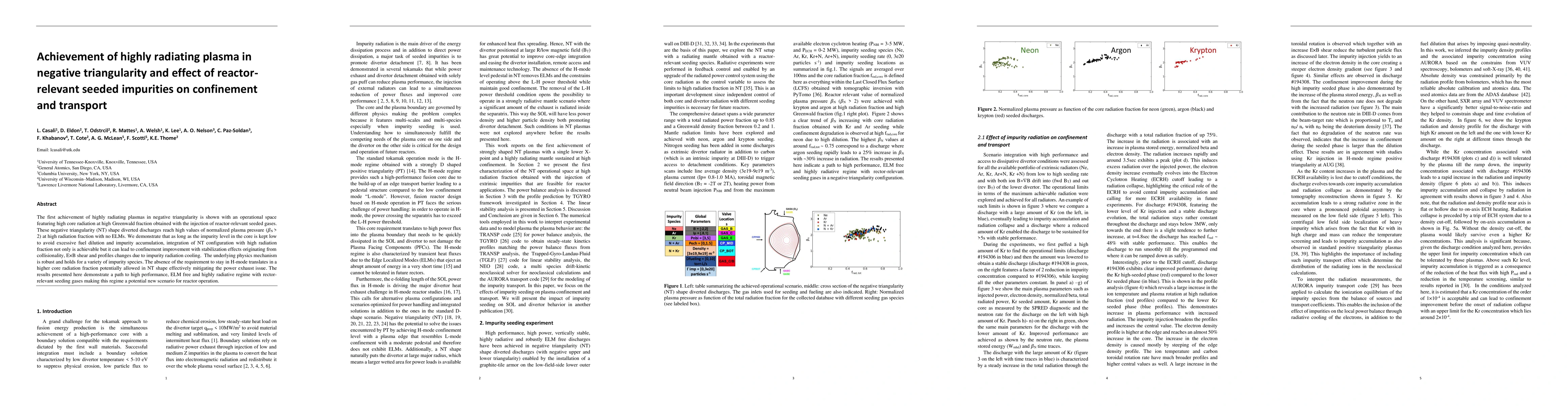 Thumbnail for Achievement of highly radiating plasma in negative triangularity and
  effect of reactor-relevant seeded impurities on confinement and transport