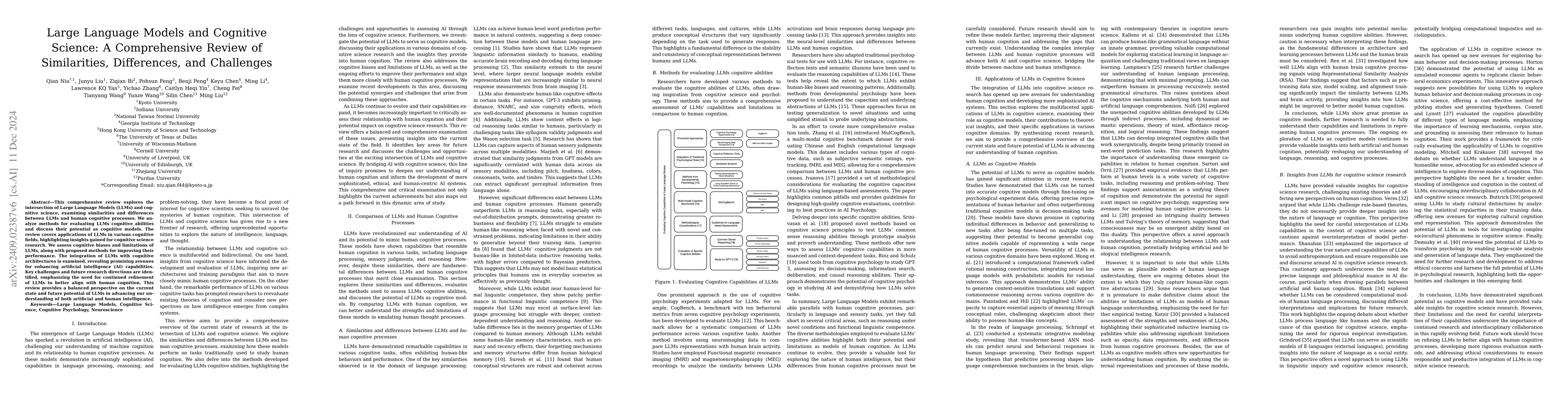 Thumbnail for Large Language Models and Cognitive Science: A Comprehensive Review of
  Similarities, Differences, and Challenges