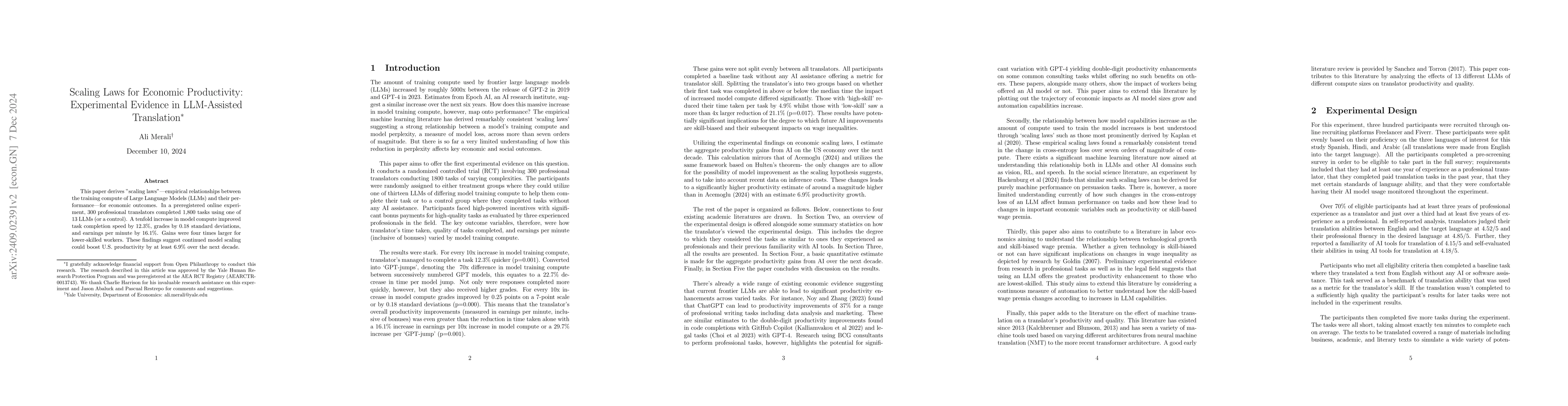 Thumbnail for Scaling Laws for Economic Productivity: Experimental Evidence in
  LLM-Assisted Translation