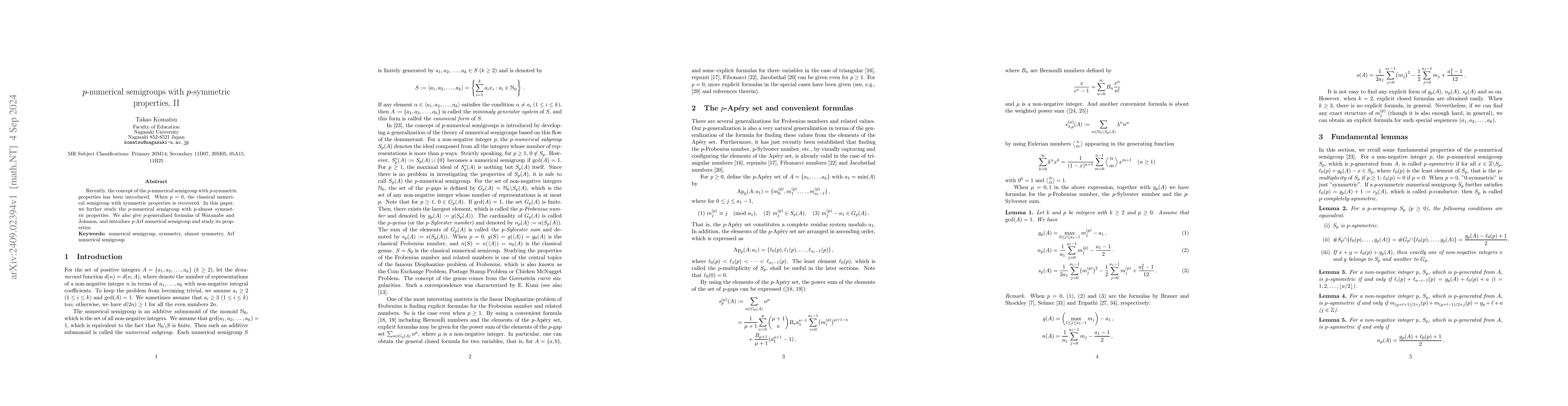 Thumbnail for $p$-numerical semigroups with $p$-symmetric properties, II