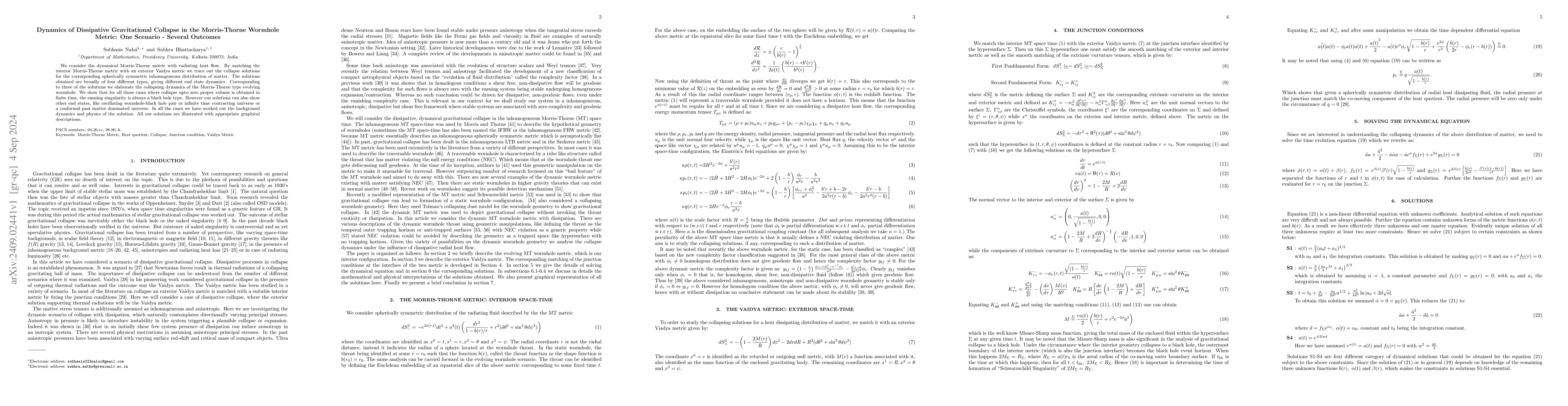 Thumbnail for Dynamics of Dissipative Gravitational Collapse in the Morris-Thorne
  Wormhole Metric: One Scenario -- Several Outcomes