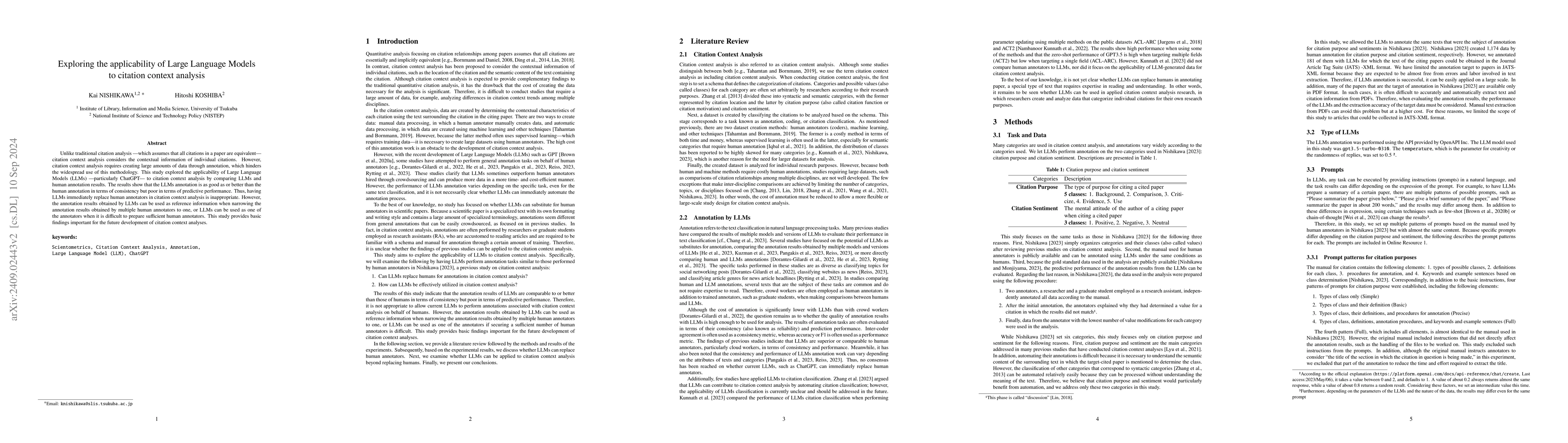 Thumbnail for Exploring the applicability of Large Language Models to citation context
  analysis