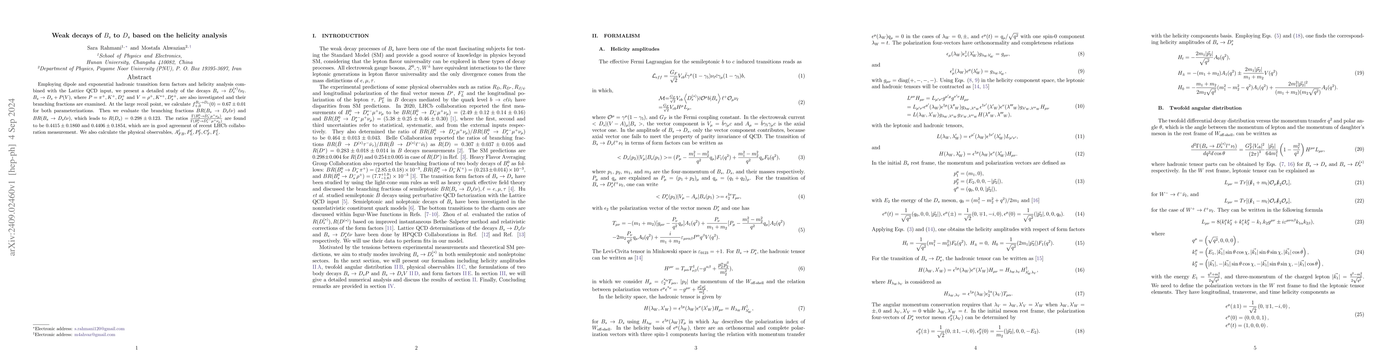 Thumbnail for Weak decays of $B_s$ to $D_s$ based on the helicity analysis