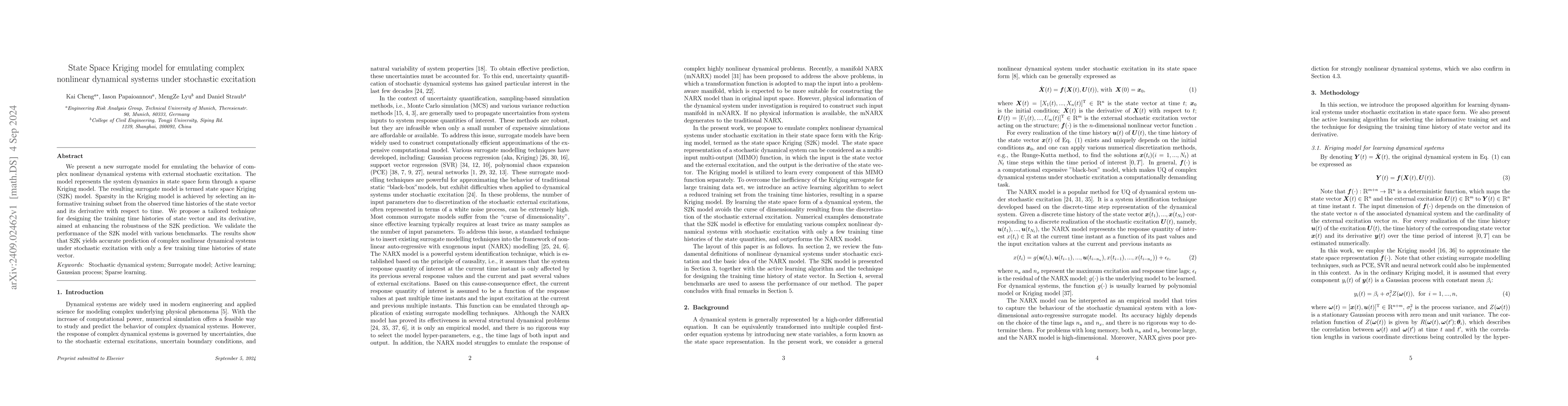 Thumbnail for State Space Kriging model for emulating complex nonlinear dynamical
  systems under stochastic excitation