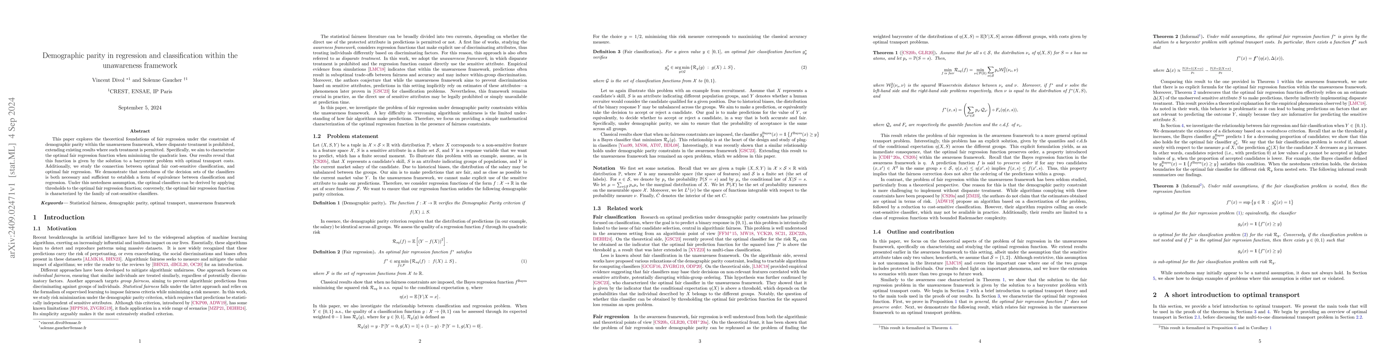 Thumbnail for Demographic parity in regression and classification within the
  unawareness framework
