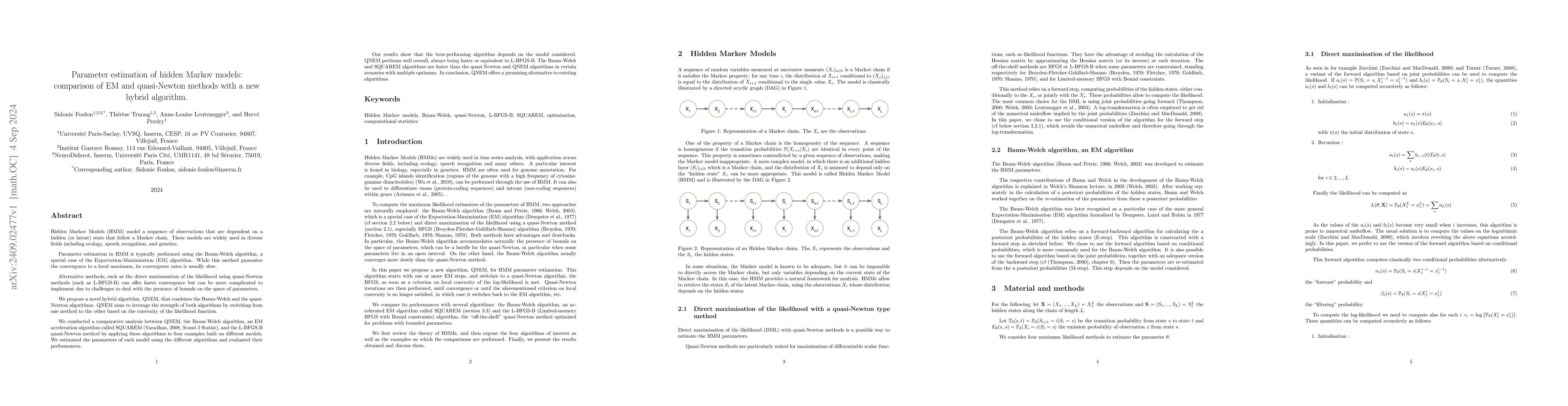 Thumbnail for Parameter estimation of hidden Markov models: comparison of EM and
  quasi-Newton methods with a new hybrid algorithm