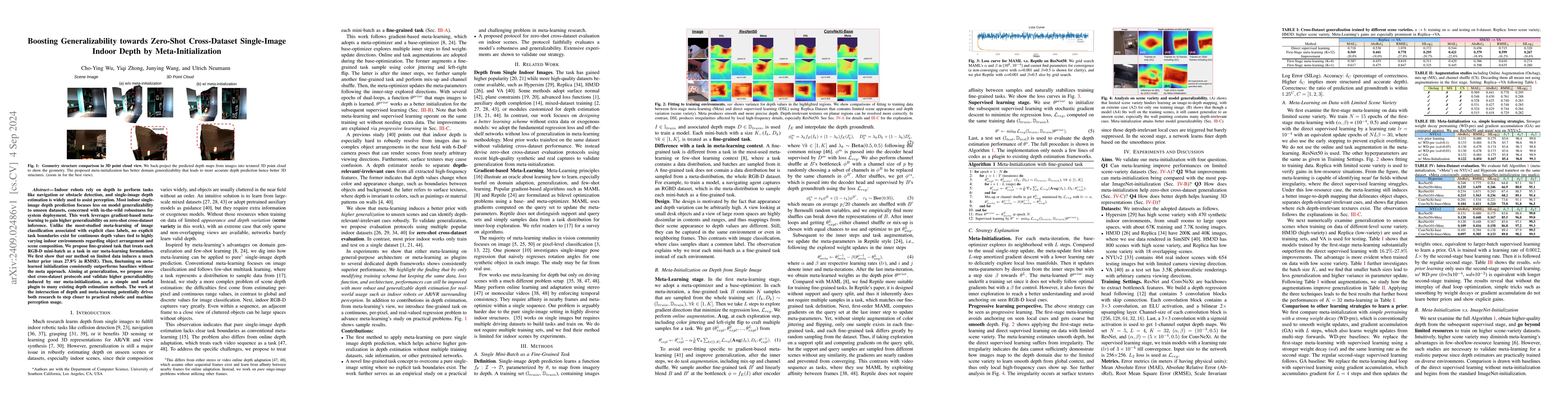 Thumbnail for Boosting Generalizability towards Zero-Shot Cross-Dataset Single-Image
  Indoor Depth by Meta-Initialization