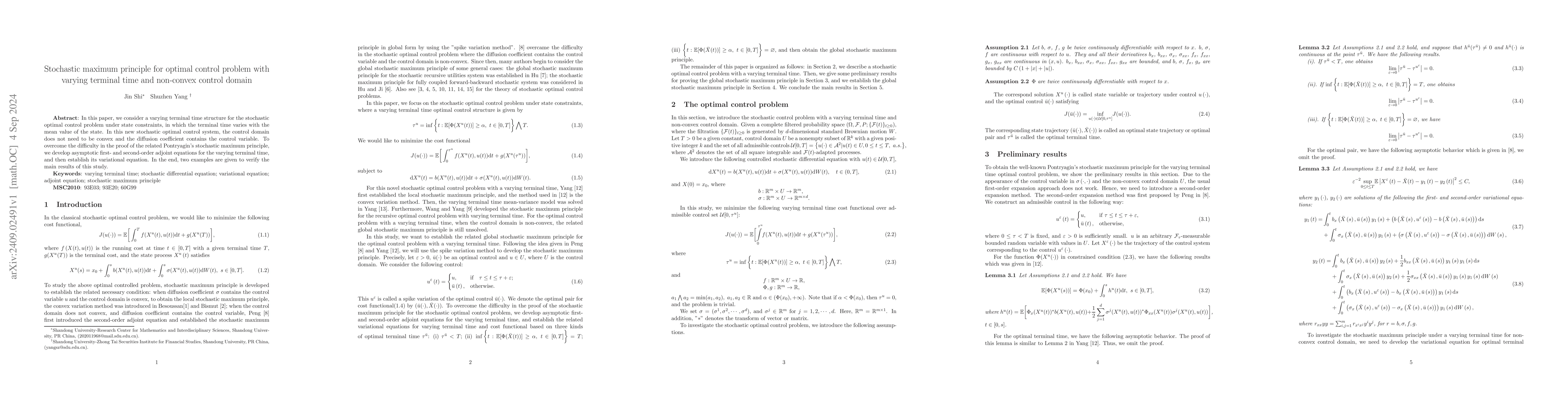 Thumbnail for Stochastic maximum principle for optimal control problem with varying
  terminal time and non-convex control domain