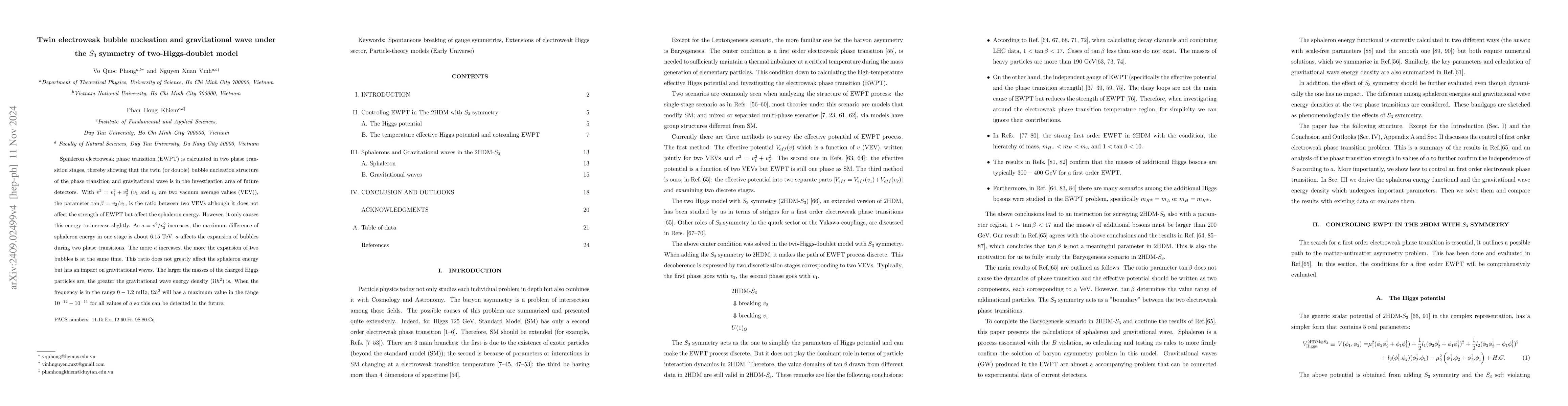 Thumbnail for Twin electroweak bubble nucleation and gravitational wave under the
  $S_3$ symmetry of two-Higgs-doublet model