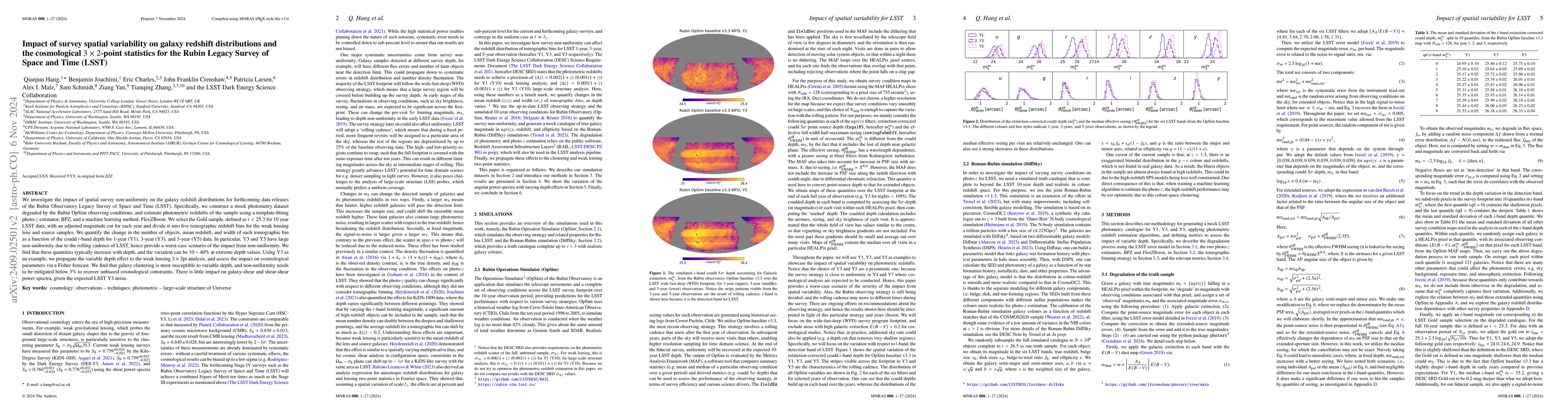 Thumbnail for Impact of survey spatial variability on galaxy redshift distributions
  and the cosmological $3\times2$-point statistics for the Rubin Legacy Survey
  of Space and Time (LSST)