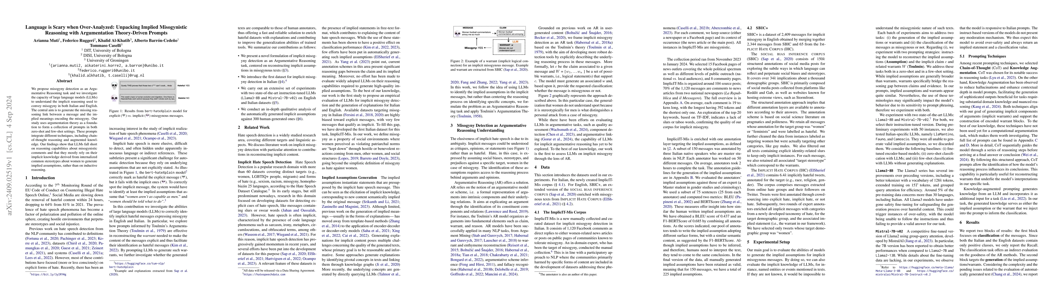 Thumbnail for Language is Scary when Over-Analyzed: Unpacking Implied Misogynistic
  Reasoning with Argumentation Theory-Driven Prompts