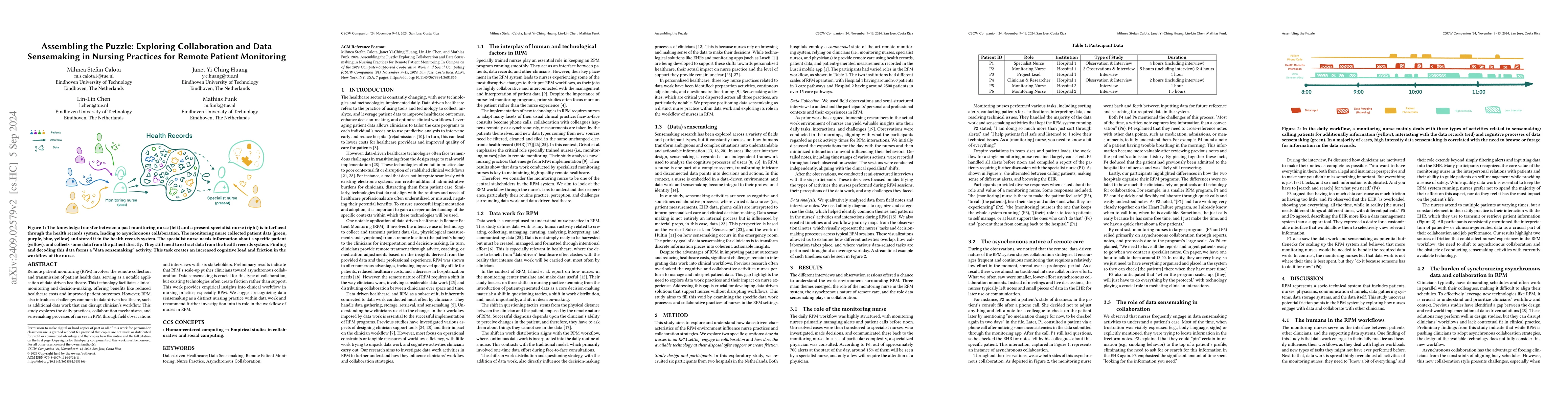 Thumbnail for Assembling the Puzzle: Exploring Collaboration and Data Sensemaking in
  Nursing Practices for Remote Patient Monitoring
