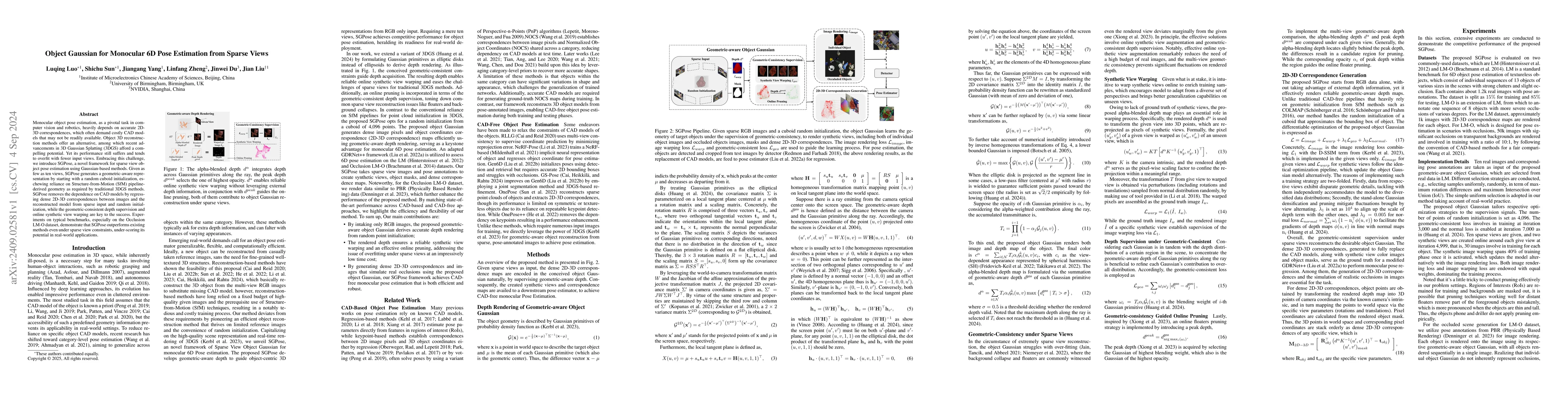 Thumbnail for Object Gaussian for Monocular 6D Pose Estimation from Sparse Views