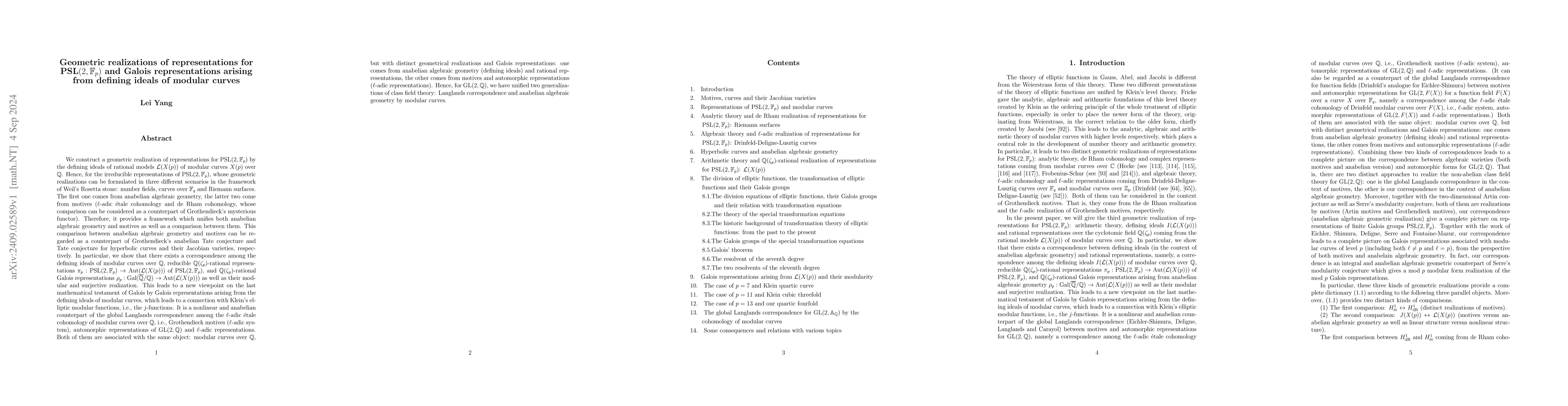 Thumbnail for Geometric realizations of representations for $\text{PSL}(2,
  \mathbb{F}_p)$ and Galois representations arising from defining ideals of
  modular curves