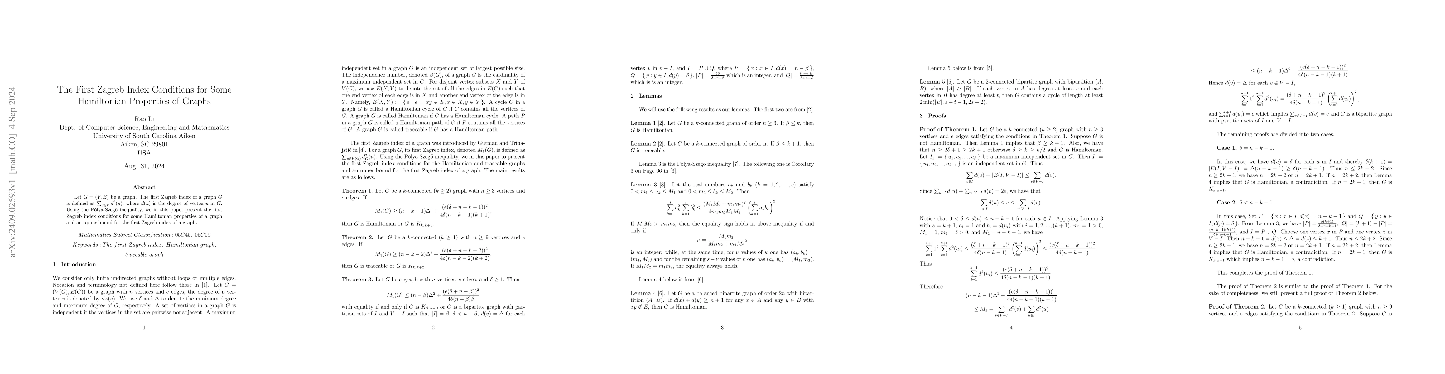 Thumbnail for The First Zagreb Index Conditions for Some Hamiltonian Properties of
  Graphs