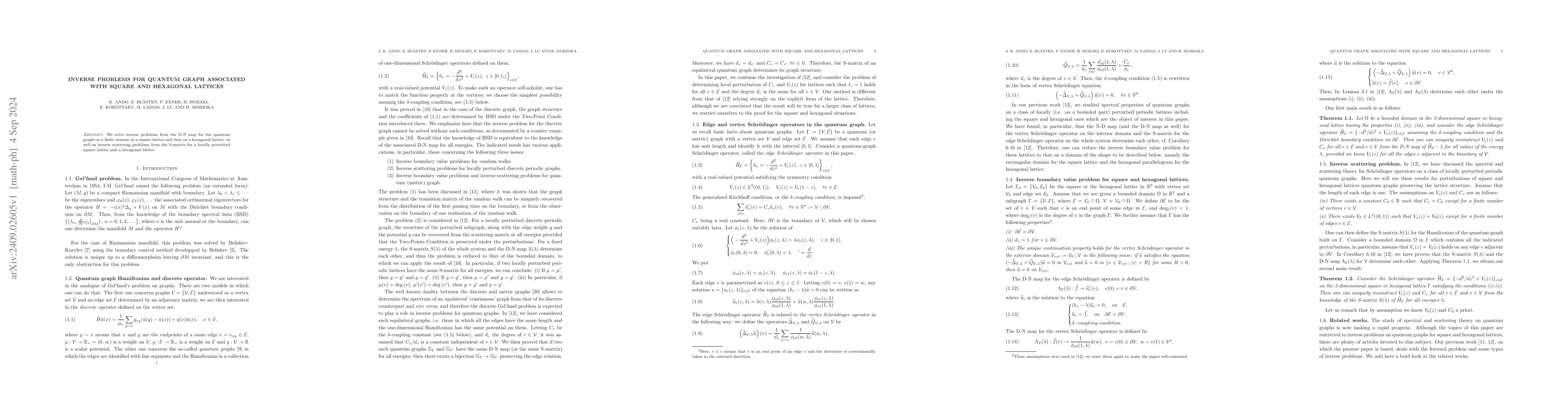 Thumbnail for Inverse problems for quantum graph associated with square and hexagonal
  lattices