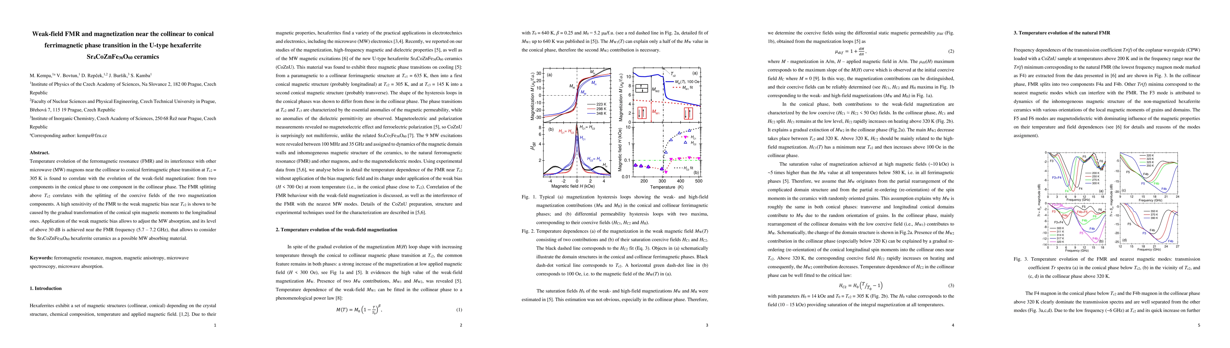 Thumbnail for Weak-field FMR and magnetization near the collinear to conical
  ferrimagnetic phase transition in the U-type hexaferrite Sr4CoZnFe36O60
  ceramics