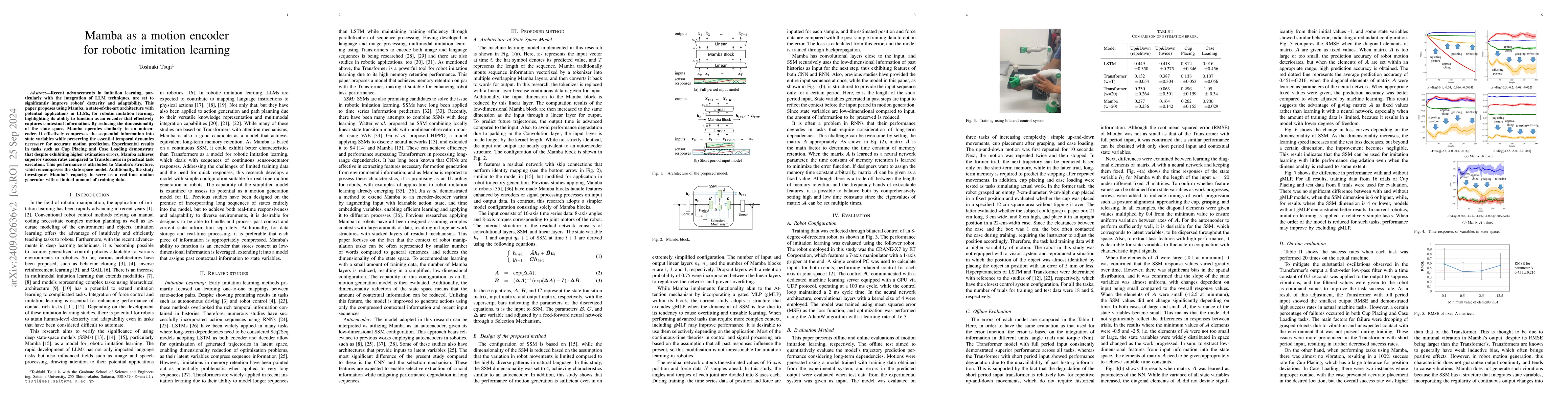Thumbnail for Mamba as a motion encoder for robotic imitation learning