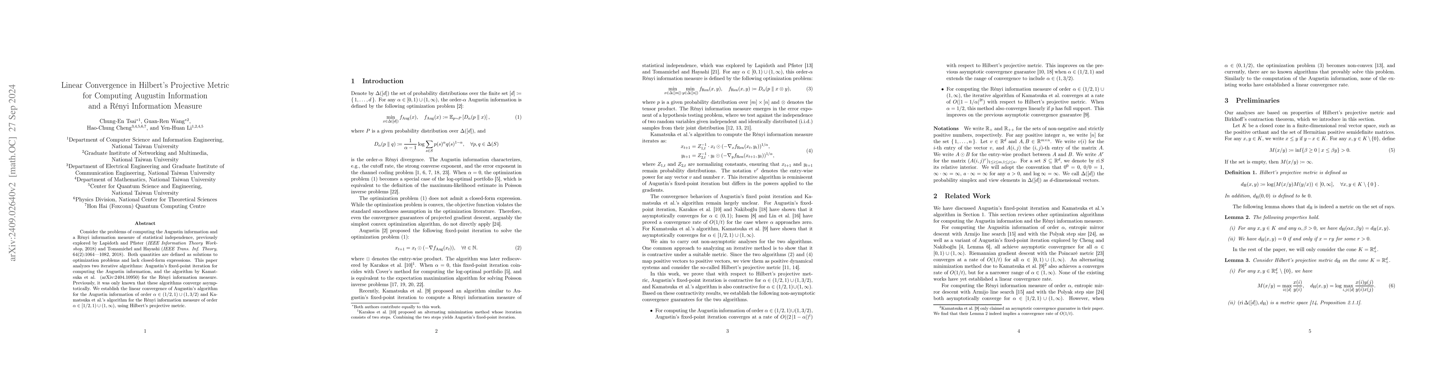 Thumbnail for Linear Convergence in Hilbert's Projective Metric for Computing Augustin
  Information and a Rényi Information Measure