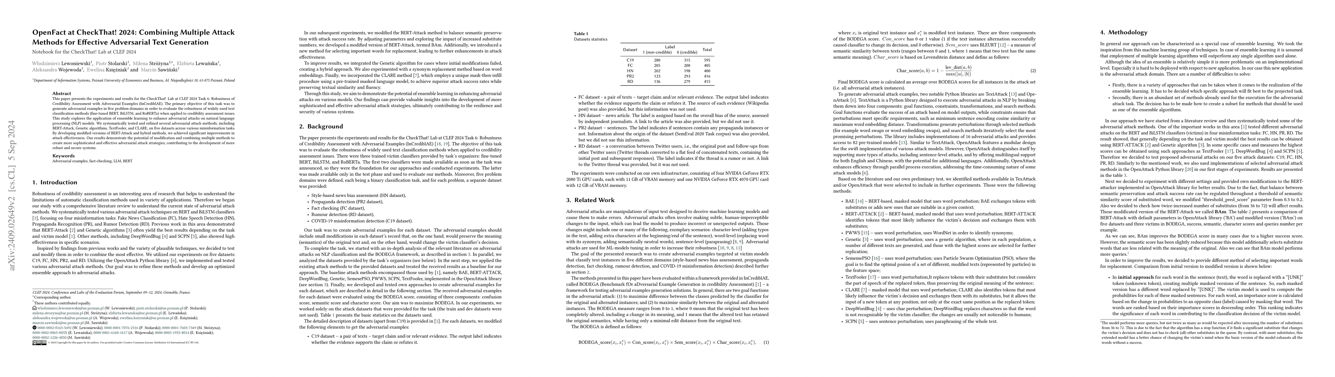 Thumbnail for OpenFact at CheckThat! 2024: Combining Multiple Attack Methods for
  Effective Adversarial Text Generation