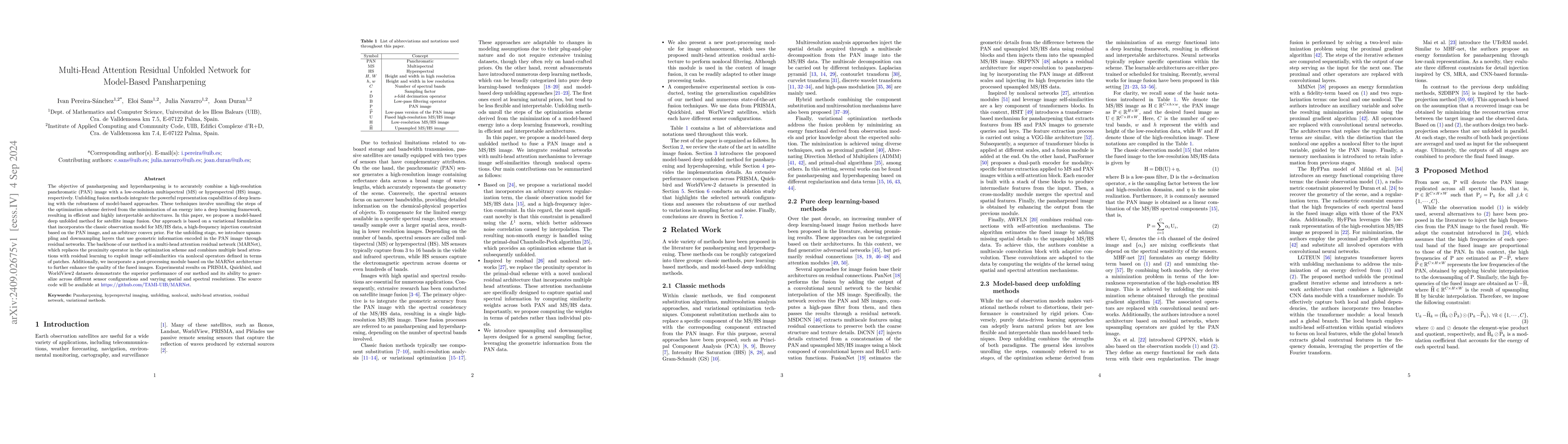 Thumbnail for Multi-Head Attention Residual Unfolded Network for Model-Based
  Pansharpening