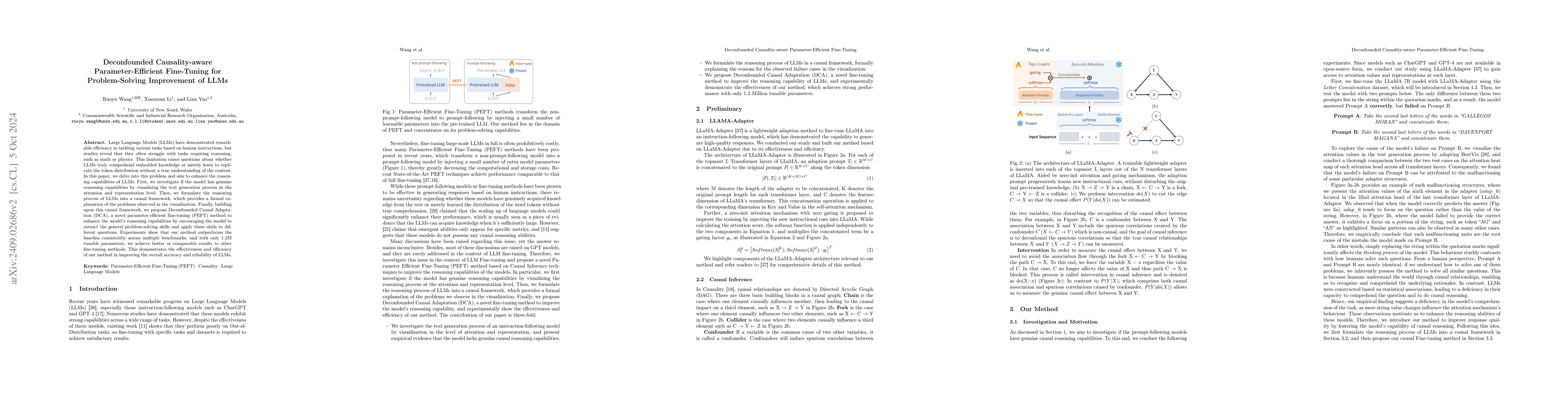 Thumbnail for Deconfounded Causality-aware Parameter-Efficient Fine-Tuning for
  Problem-Solving Improvement of LLMs