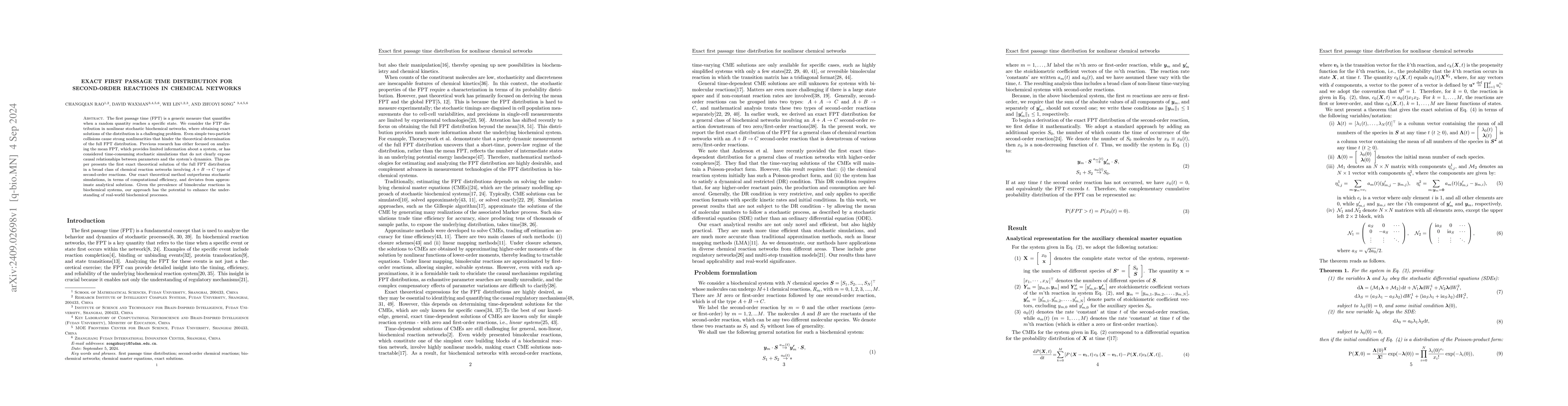 Thumbnail for Exact first passage time distribution for second-order reactions in
  chemical networks