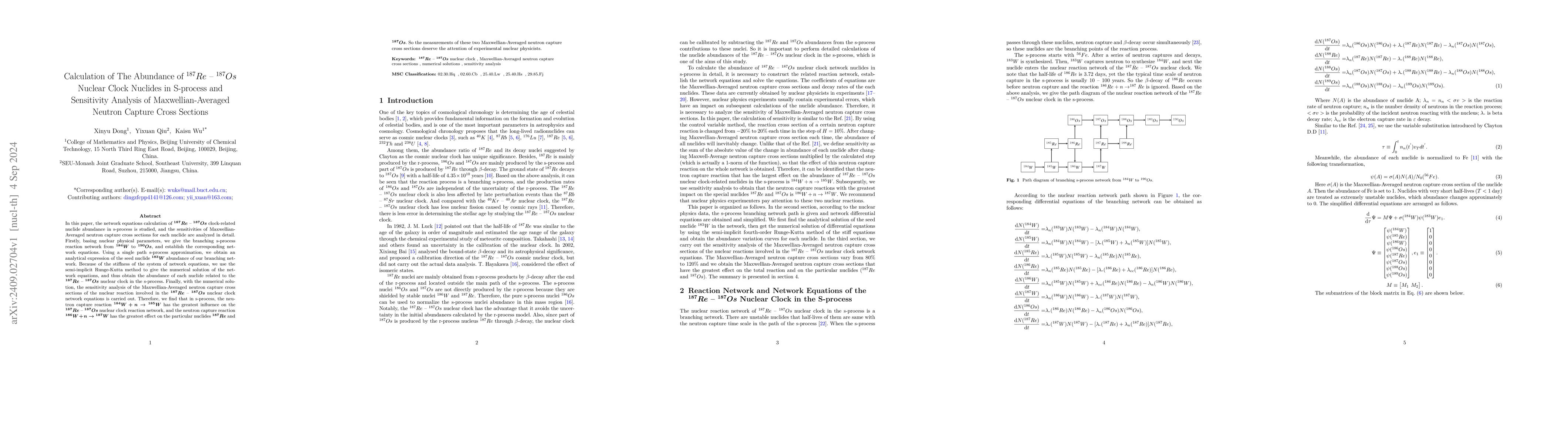 Thumbnail for Calculation of The Abundance of $^{187}$Re-$^{187}$Os Nuclear Clock
  Nuclides in S-process and Sensitivity Analysis of Maxwellian-Averaged Neutron
  Capture Cross Sections