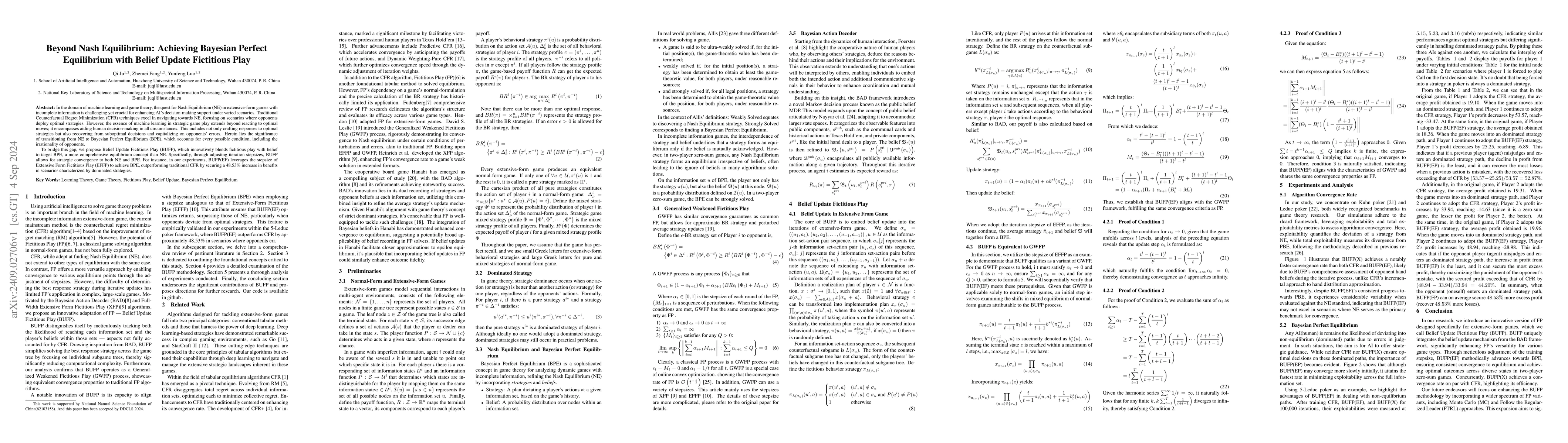 Thumbnail for Beyond Nash Equilibrium: Achieving Bayesian Perfect Equilibrium with
  Belief Update Fictitious Play