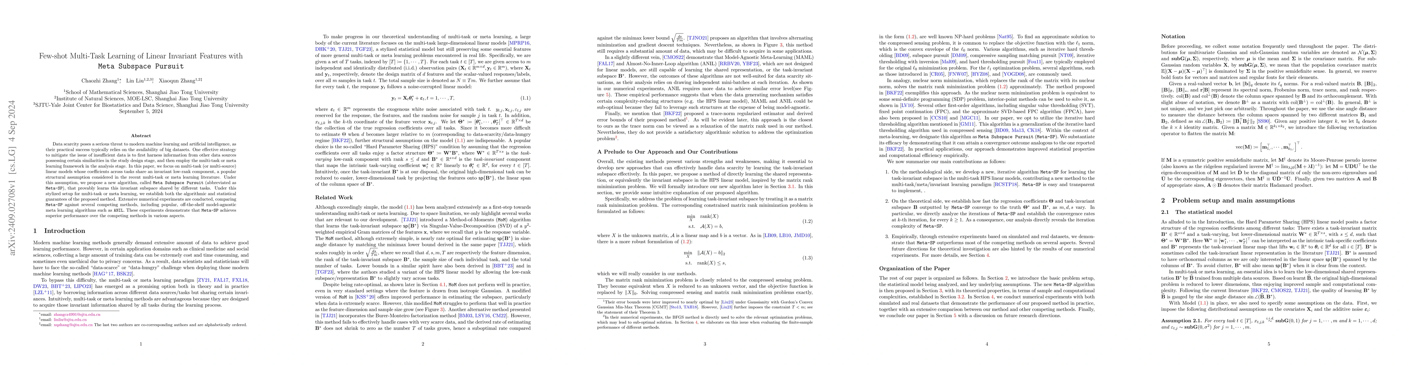 Thumbnail for Few-shot Multi-Task Learning of Linear Invariant Features with Meta
  Subspace Pursuit