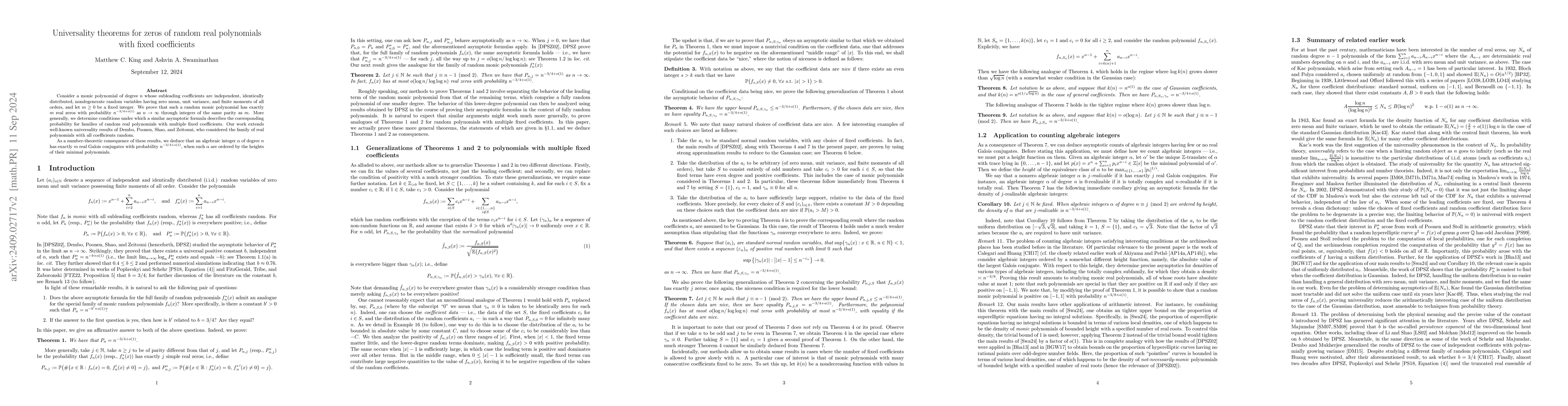 Thumbnail for Universality theorems for zeros of random real polynomials with fixed
  coefficients