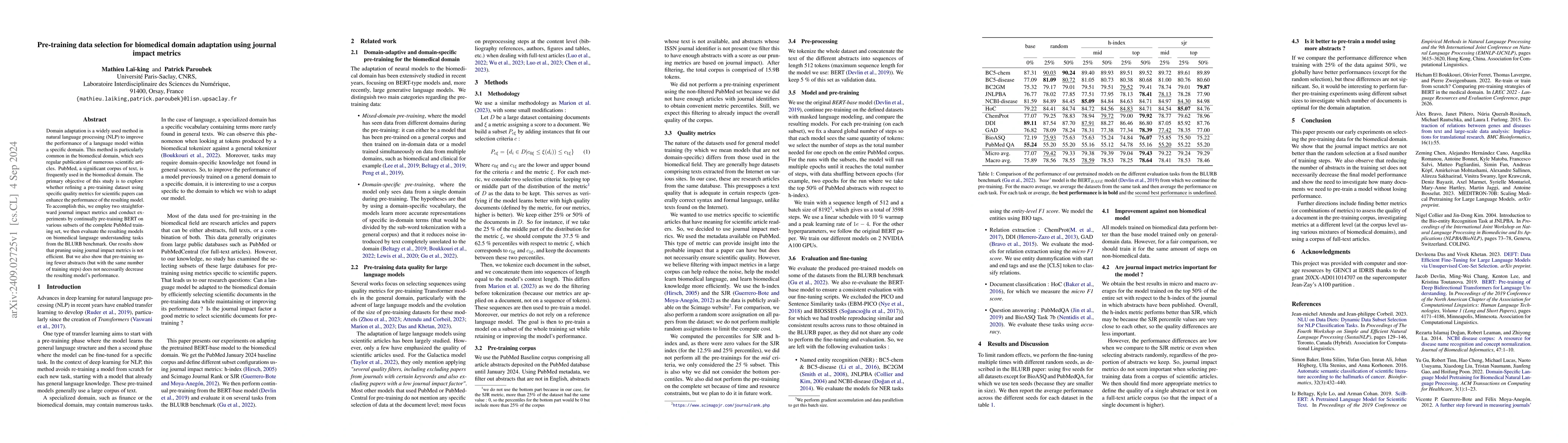 Thumbnail for Pre-training data selection for biomedical domain adaptation using
  journal impact metrics