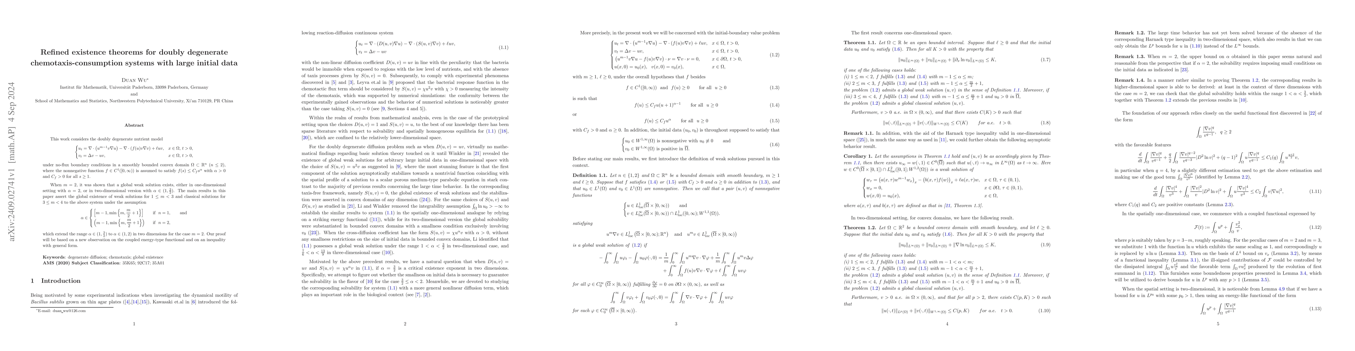 Thumbnail for Refined existence theorems for doubly degenerate chemotaxis-consumption
  systems with large initial data